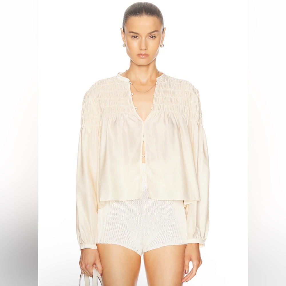 Frame Silk Smocked Collarless Blouse Champagne M NWT